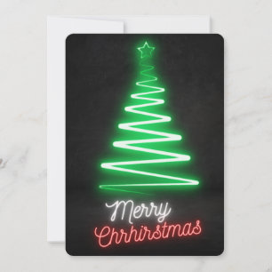 Neon Lights Merry Christmas Green Red White Tree  Holiday Card
