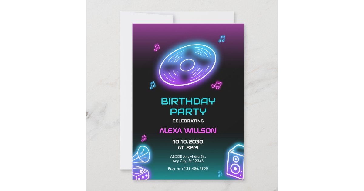 Neon lights music dj party birthday invitation | Zazzle