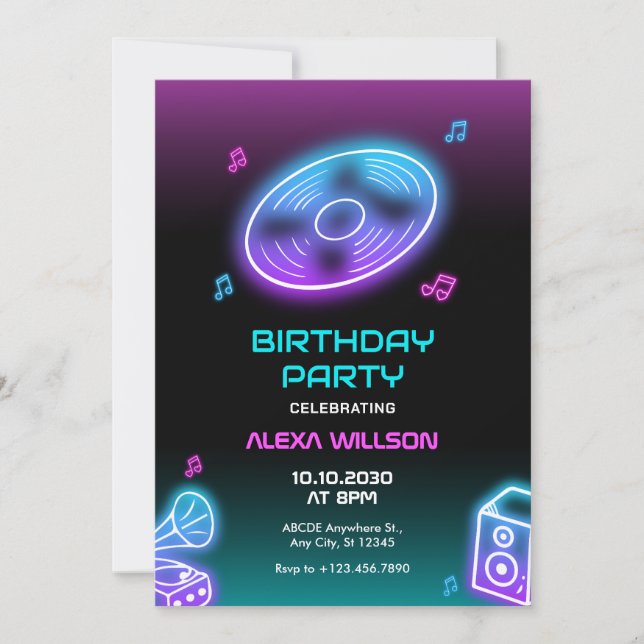 Neon lights music dj party birthday  invitation (Front)