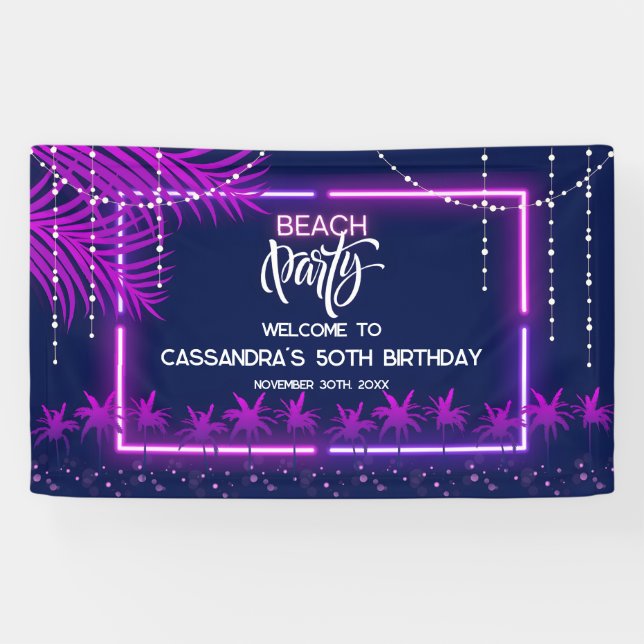 Neon Lights Palm Beach Night Party Birthday  Banner (Horizontal)