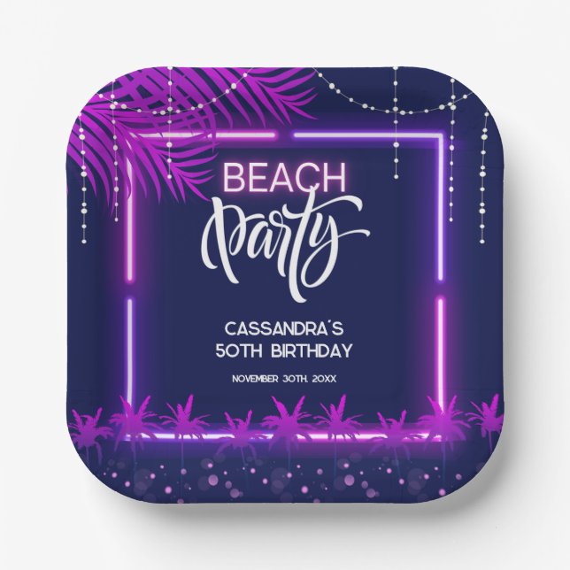 Neon Lights Palm Beach Night Party Birthday Paper Plate (Front)