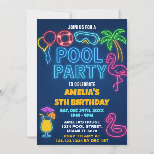 Neon Lights Pool Birthday Invitation
