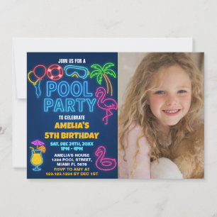 Neon Lights Pool Birthday Invitation with photo