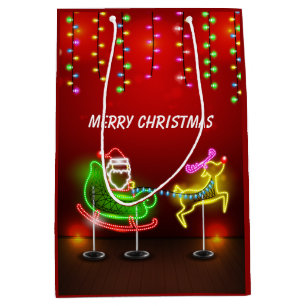 Neon Lights Santa and Rudolph Medium Gift Bag