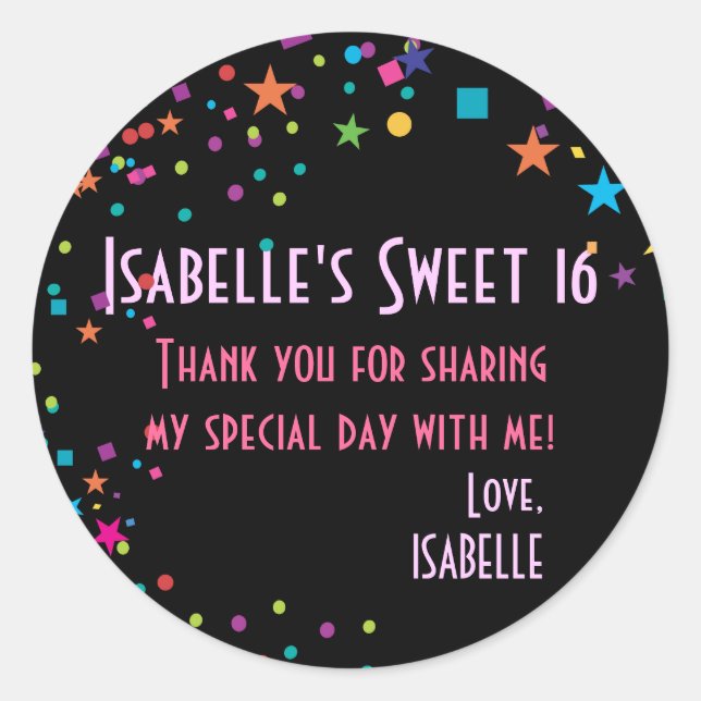 Neon Lights Sweet 16 Club Party Favour Sticker (Front)