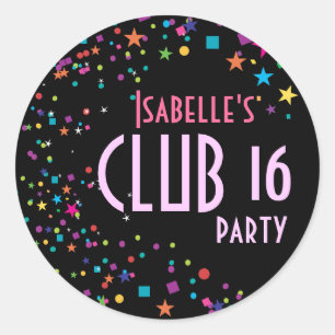 Neon Lights Sweet 16 Club Party Favour Sticker
