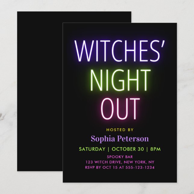 Neon Lights Witches' Night Out Halloween Party Invitation (Front/Back)