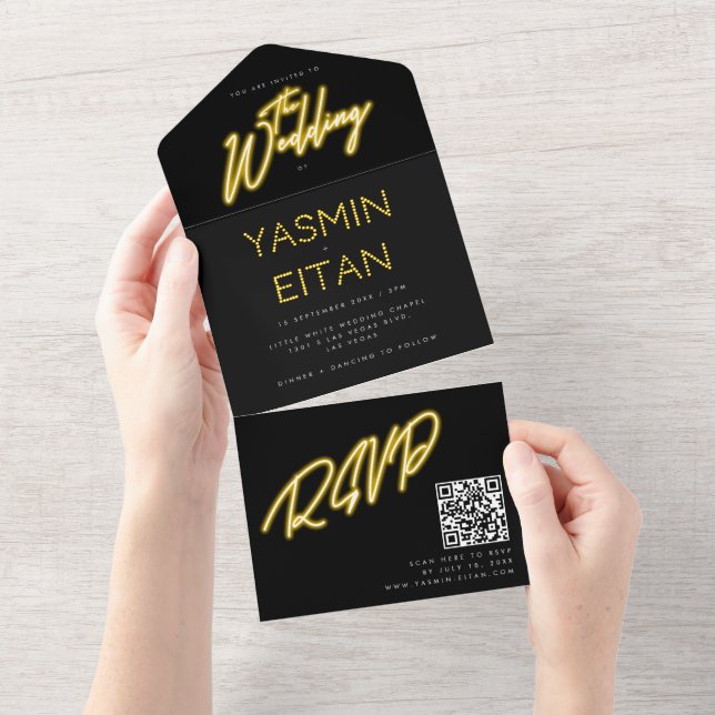 Neon Lights Yellow Black QR Code Wedding All In One Invitation (Tearaway)