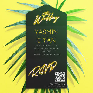 Neon Lights Yellow Black QR Code Wedding All In One Invitation