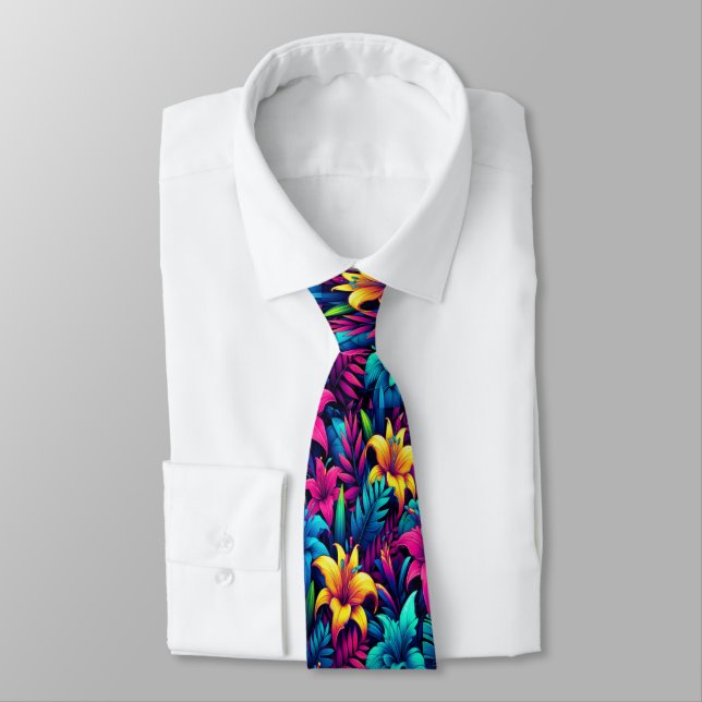 Neon Lilies Illuminate Tropical Dreamscape Tie (Tied)