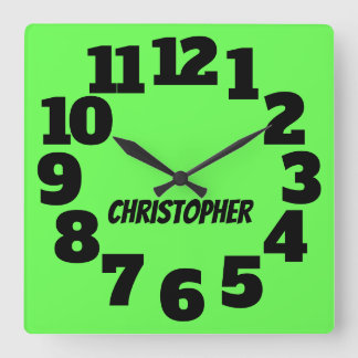 Neon Lime Green Big Numbers Square Wall Clock