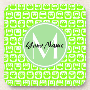 Neon Lime Owls Personalised Monogram Coaster