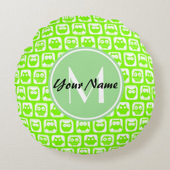 Neon Lime Owls Personalised Monogram Round Cushion (Front)