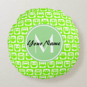 Neon Lime Owls Personalized Monogram Round Cushion