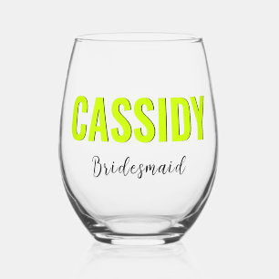 Neon Lime Yellow 3D Elegant Name Bridesmaid   Stemless Wine Glass