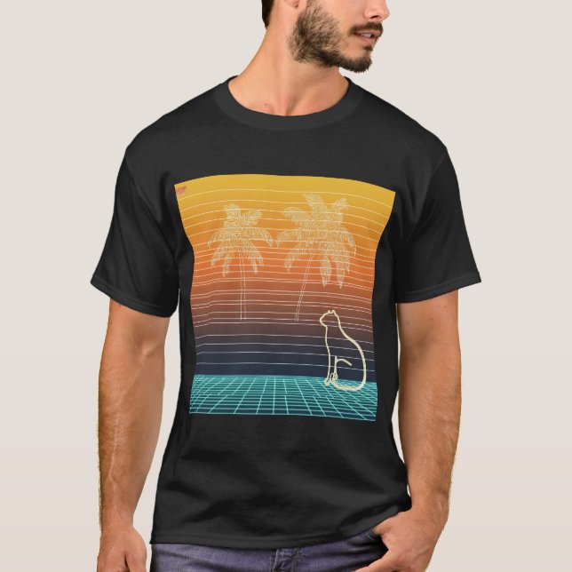 Neon Line Art Cat & Palms T-Shirt (Front)