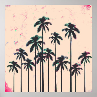 Neon Lined Black Palm Trees on Peach Horizon Poster