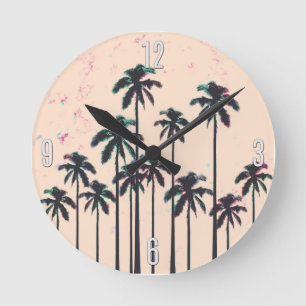 Neon Lined Black Palm Trees on Peach Horizon Round Clock