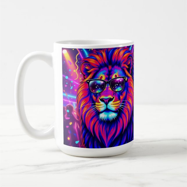 Neon Lion Party Animal – Colourful Retro Graphic Coffee Mug (Left)