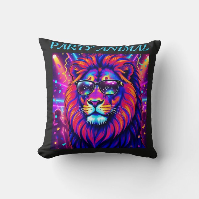 Neon Lion Party Animal – Colourful Retro Graphic Cushion (Front)
