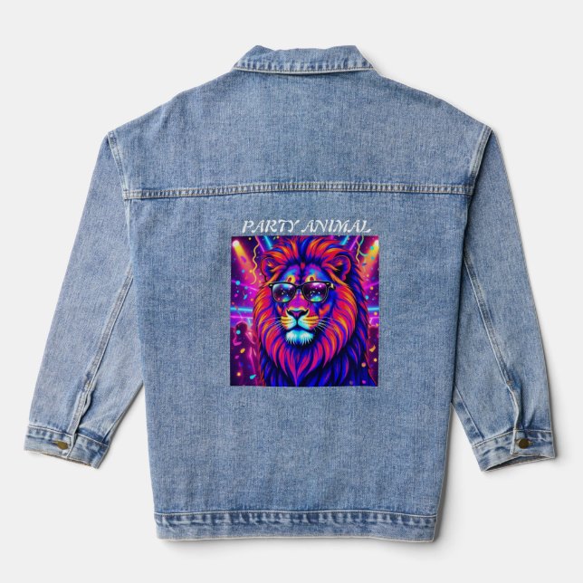 Neon Lion Party Animal – Colourful Retro Graphic Denim Jacket (Back)