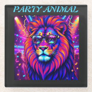 Neon Lion Party Animal – Colourful Retro Graphic Glass Coaster