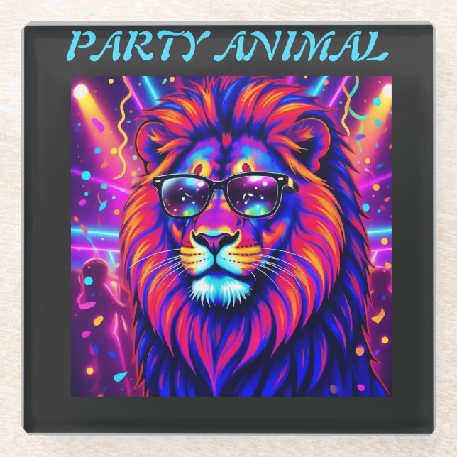 Neon Lion Party Animal – Colourful Retro Graphic Glass Coaster (Front)