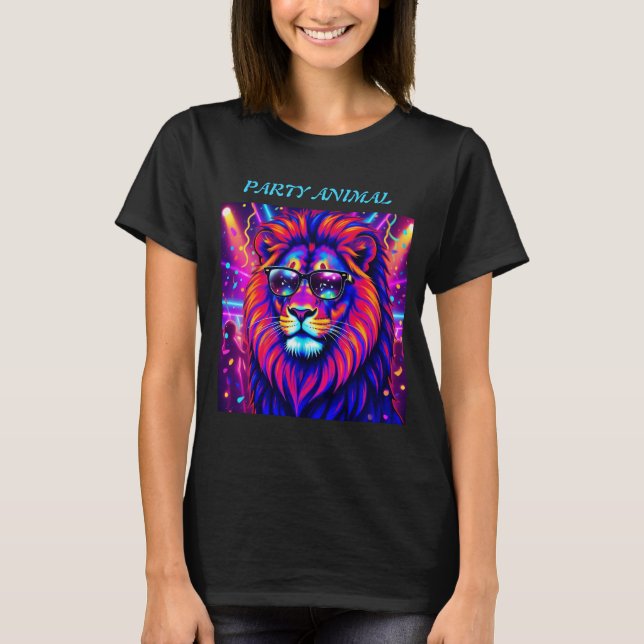 Neon Lion Party Animal – Colourful Retro Graphic T-Shirt (Front)