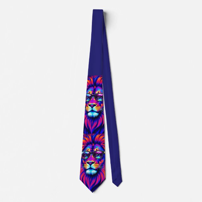 Neon Lion Party Animal – Colourful Retro Graphic Tie (Front)