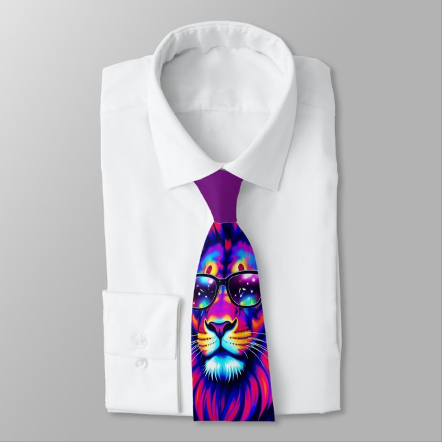 Neon Lion Party Animal – Colourful Retro Graphic Tie (Tied)