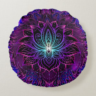 Neon Lotus Flower Boho Print Round Cushion