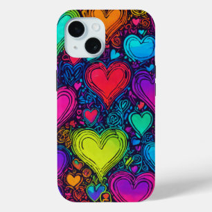 Neon Love Rainbow Heart Doodles iPhone 15 Case
