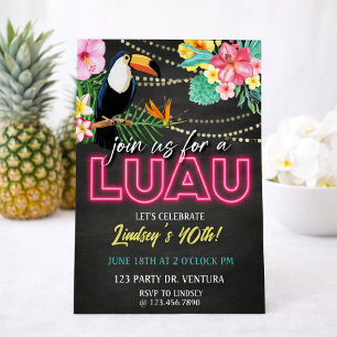 Neon Luau Birthday Party   Tropical Hawaiian Party Invitation