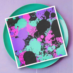 Neon Magenta Purple Teal Paint Splatter Birthday Napkin