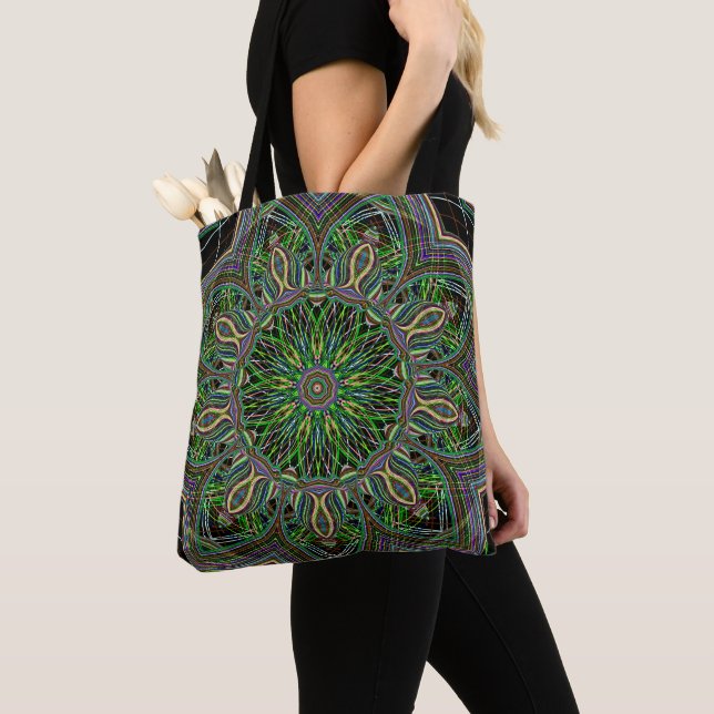 Neon Mandala Geometric Pattern Tote Bag (Close Up)