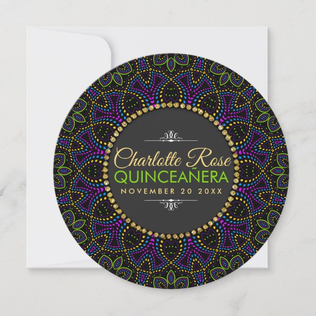 Neon Mandala Groovy Quinceañera Round Invitation (Front)