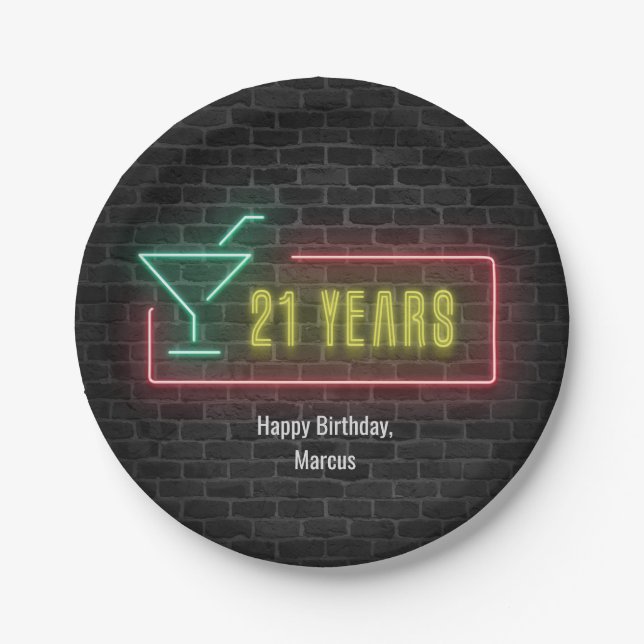 Neon marquee 21st birthday sign on brick paper plate (Front)