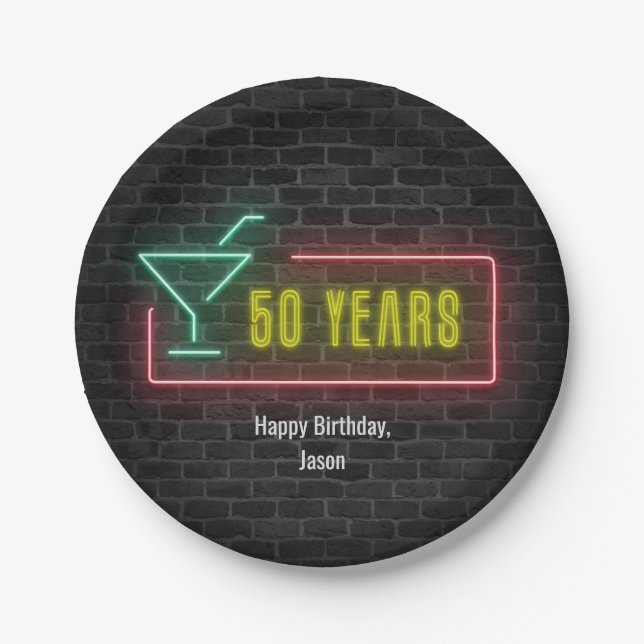 Neon marquee 50th Birthday sign on brick Paper Plate (Front)