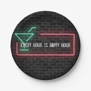 Neon marquee Happy Hour sign Paper Plate