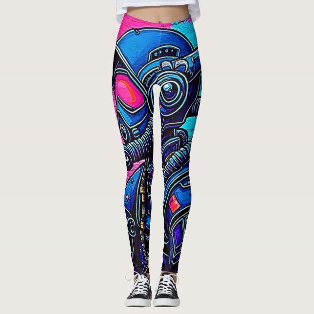 Neon Masked Wall Graffiti Figure Art Leggings (Front)