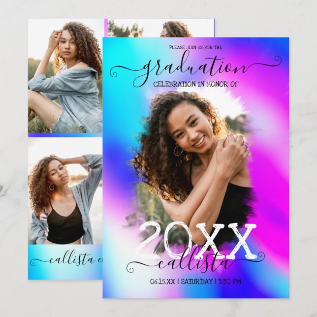 Neon Mermaid Holographic Photo Collage Graduation Invitation (Front/Back)