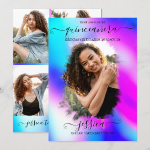Neon Mermaid Holographic Photo Collage Quinceañera Invitation