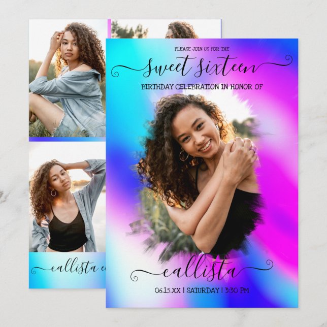 Neon Mermaid Holographic Photo Collage Sweet 16 Invitation (Front/Back)
