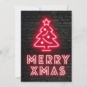Neon  Merry Xmas Red Tree Black Brick Wall Holiday Card
