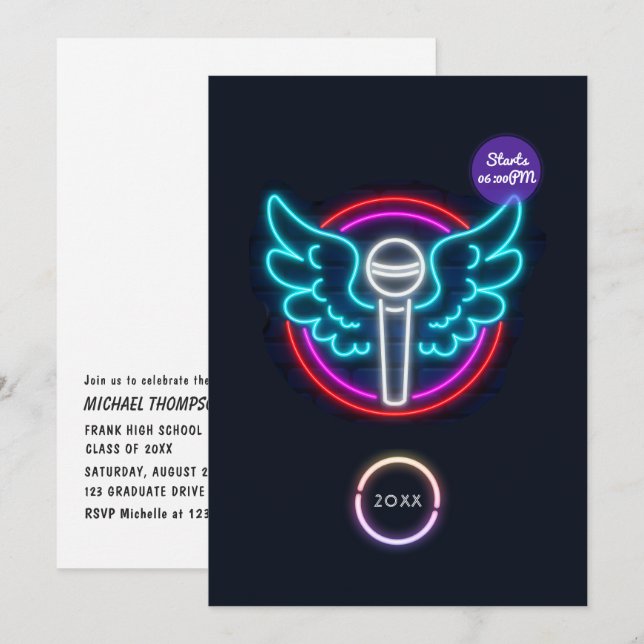 Neon Microphone Graduation Party Invitation (Front/Back)