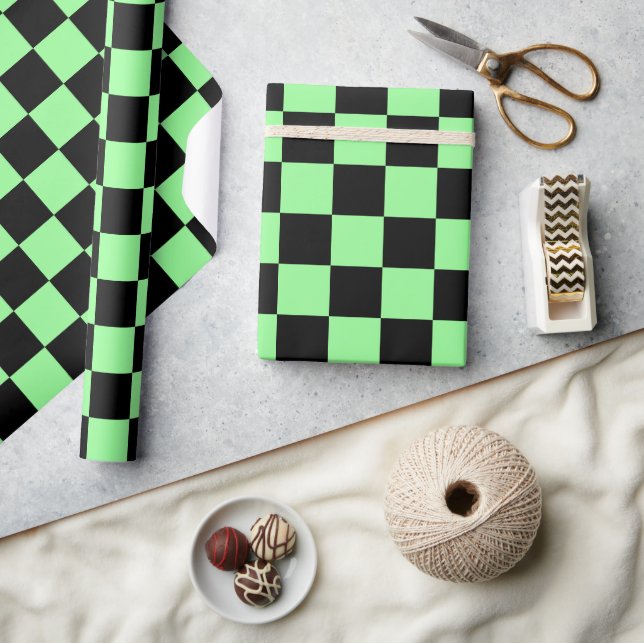 Neon Mint Black Chequered Chequerboard Vintage Wrapping Paper (Crafts)