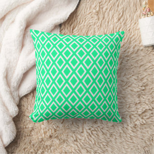 Neon mint green white geometric diamond pattern cushion
