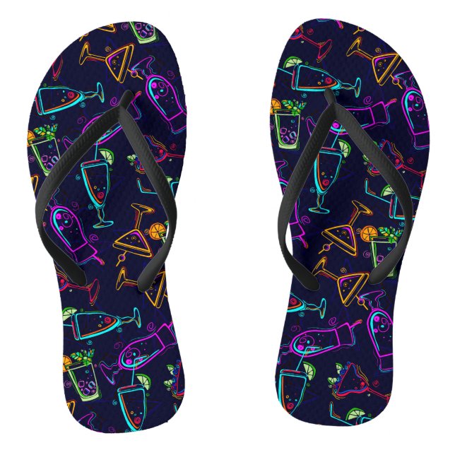 Neon Mixed Drinks Cocktails on Black Flip Flops (Footbed)