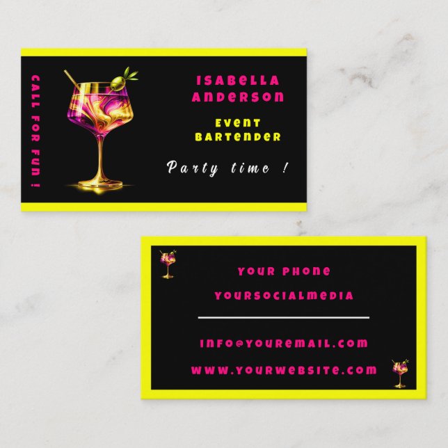 Neon Modern Party Time Personalised Professional Business Card (Front/Back)