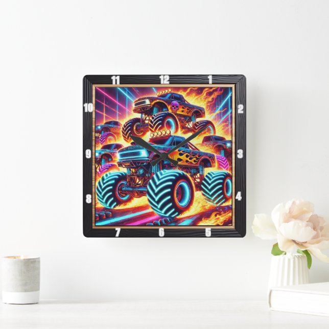Neon Monster Trucks on a Flaming Action-Packed  Square Wall Clock (Home)